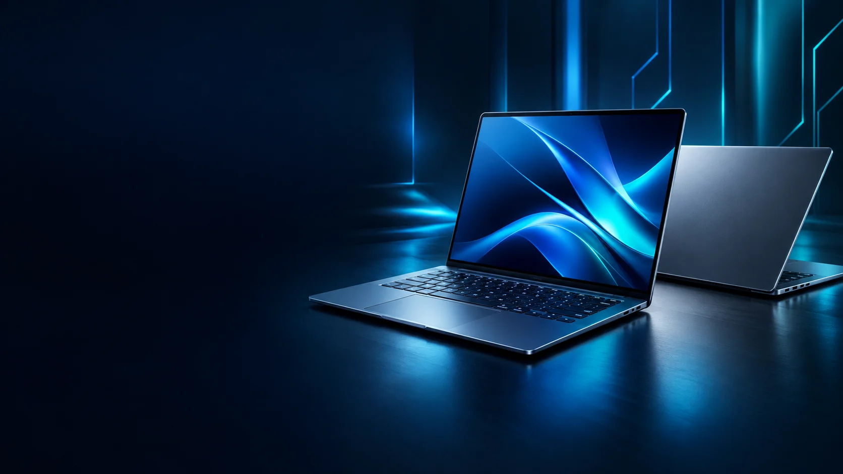 Premium laptops displayed in a dark technology studio