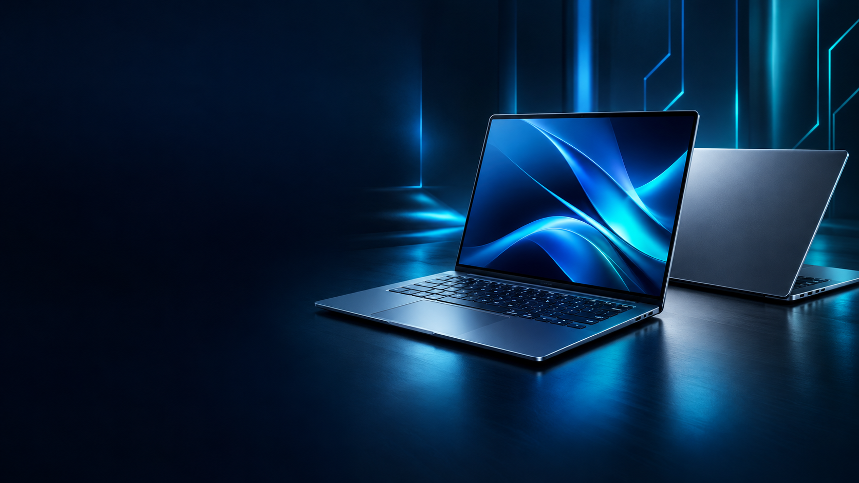 Premium laptops displayed in a dark technology studio