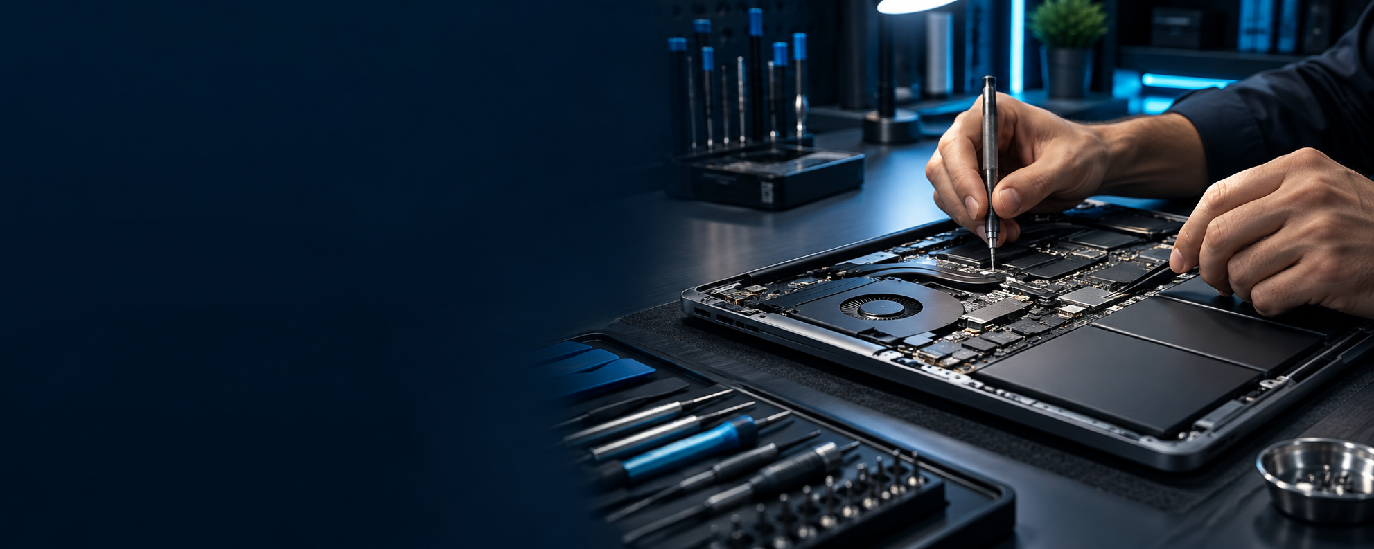 Technician repairing a laptop at a professional workbench