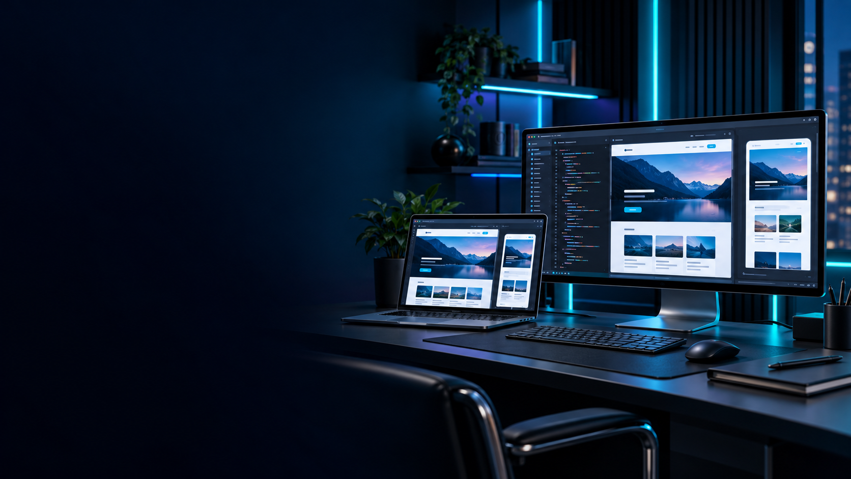 Responsive website development workspace with desktop and laptop screens